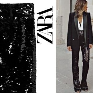 NWT ZARA | XS | Black Sequinned High-Waist Pants with Slit - Blogger’s favorite